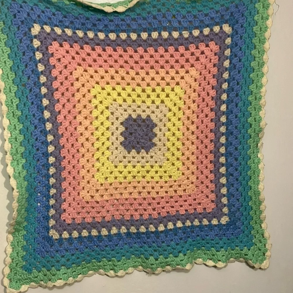 Wool crochet lap blanket in pastels 36 x 36”